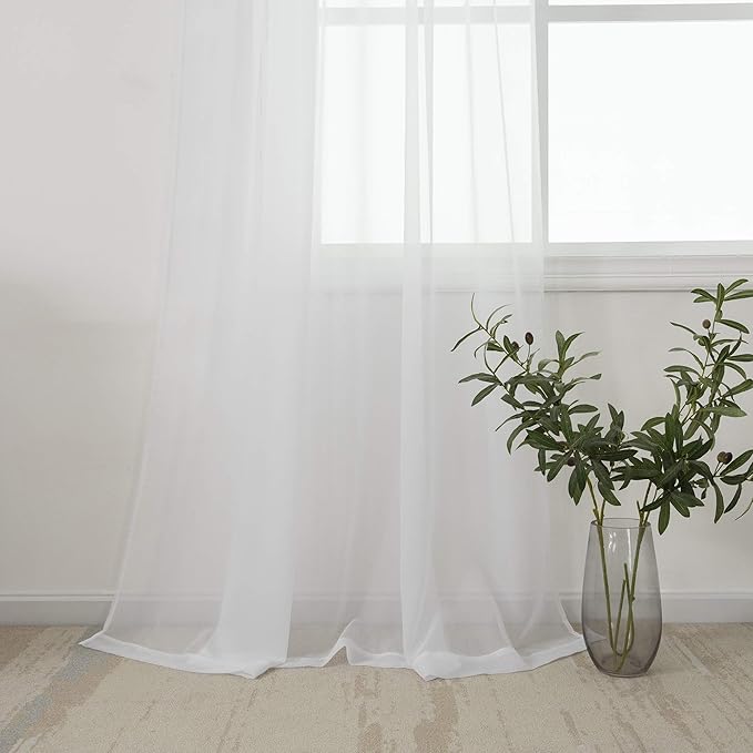 HUTO White Sheer Curtains 96 Inches Long for Living Room Rod Pocket Top Window Sheer Panels Drapes for Bedroom Girls Party Canopy Bed 2 Panels