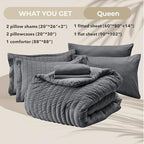 HYMOKEGE Queen Comforter Set Seersucker 7 Pieces, All Season Luxury Bed in a Bag for Bedroom, Bedding Set with Comforters, Sheets, Pillowcases & Shams, Dark Grey