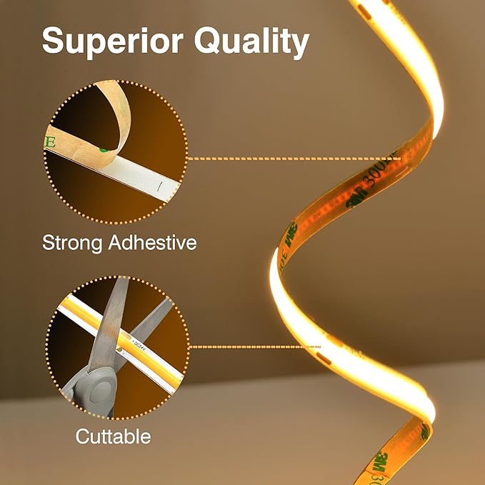 COB LED Strip Lights Warm White,24V Dimmable led Light Strip KIT with Remote and app Control,3000K 32.8FT/2 * 5m 8mm Wide Ra>90 Cuttable Flexible Strip Lights for Bedroom,Shelf,Cabinet