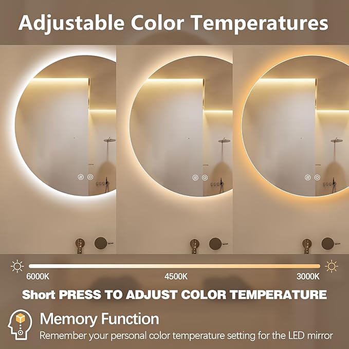 Niccy Round Led Mirror for Bathroom, 24" Circle Frameless Backlit Mirror wiht Light, Anti-Fog, 3 Colors, Waterproof, Memory Function