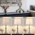 28" Tall Modern Table Lamps Set of 2 with USB A+C Ports and AC Outlet, 3 Way Touch Metal Bedside Lamps for Bedroom, Silver Farmhouse Nightstand Lamps for Living Room