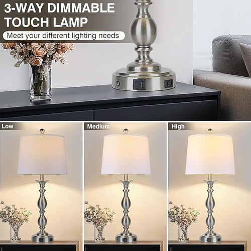 28" Tall Modern Table Lamps Set of 2 with USB A+C Ports and AC Outlet, 3 Way Touch Metal Bedside Lamps for Bedroom, Silver Farmhouse Nightstand Lamps for Living Room