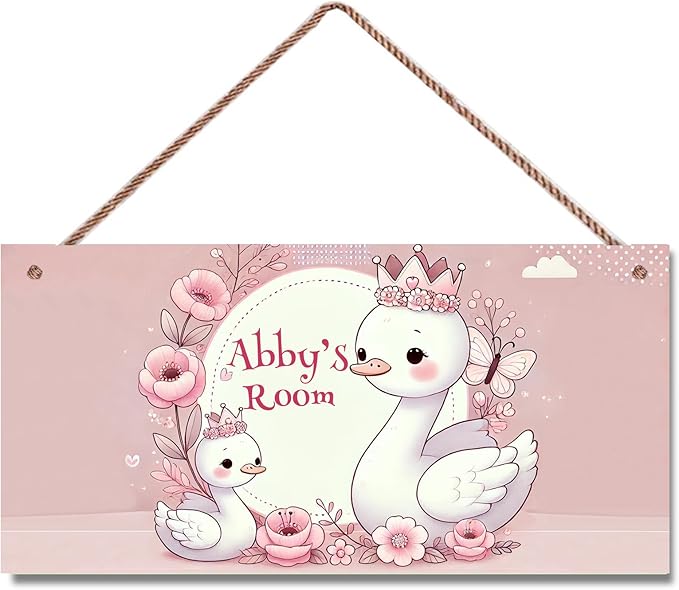 Personalized Swan Signs for Girls Room Bedroom Door Hanging Wooden Signs Custom Baby Name Flowers Floral Door Hanger Baby Nursery Room Customized Kids Room Décor