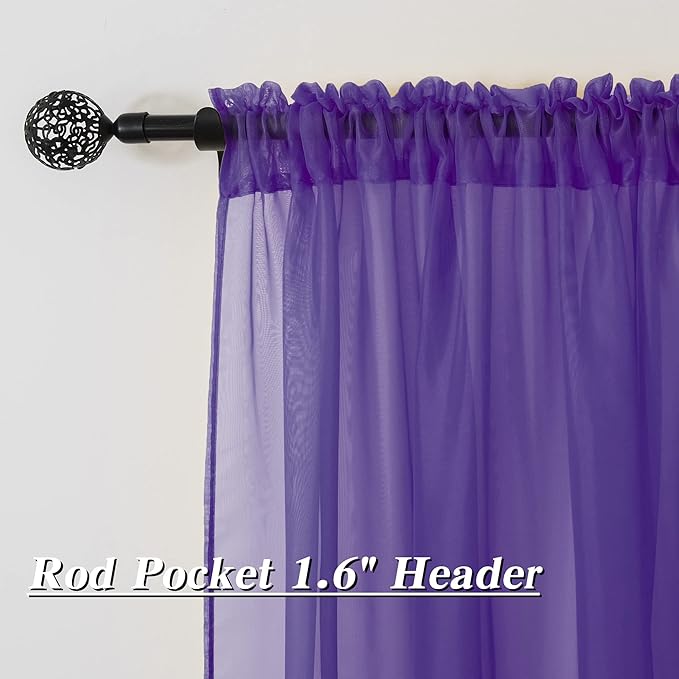 HUTO Short Purple Sheer Curtains 45 Inch Length for Girls Room Rod Pocket Sheer Window Drapes for Kitchen Bedroom Bathroom,Purple 2 Panels