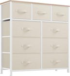 YITAHOME Dresser with 9 Drawers - Fabric Storage Tower, Organizer Unit for Living Room, Hallway, Closets - Sturdy Steel Frame, Wooden Top & Easy Pull Fabric Bins (Cream White)