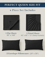 LANE LINEN 100% Organic Cotton Queen Size Sheets Set, Machine Wash Fully Elasticized Naturally Cooling Percale Weave Queen Size Deep Pocket Sheet Sets, Low Pill Eco Friendly Bed Sheets- Black