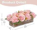 Flower Arrangement with Wooden Vase 14" Artificial Flowers in Pot - Fake Flowers Roses Peonies Hydrangeas in Wooden Vase Potted Artificial Flower Centerpieces for Table Decor Living Room - Dusty Pink