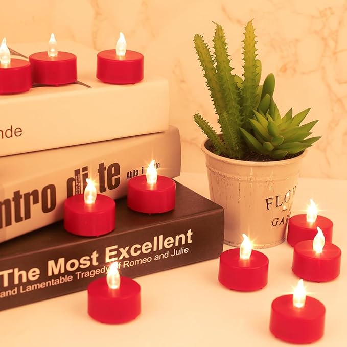 LED Tea Lights Candles- 12PACK Red Flameless Candles Realistic and Bright Flickering Long Lasting 200Hours for Holiday Celebration,Party, Home Decoration,Battery Operated
