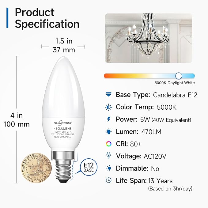SHINESTAR E12 LED Candelabra Light Bulbs 40 Watt Equivalent, 5000K Daylight White 550 Lumen Chandelier Bulb, 6W B11 Candle Small Base Ceiling Fan Light Bulbs, Non-Dimmable, Pack of 3