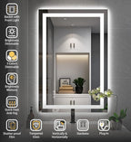 24''x36'' LED Bathroom Mirror with Front + Backlit, Tempered Glass Bathroom Mirror with Lights, Anti-Fog, 3 Colors with Stepless Dimmable Memory Bathroom Vanity Mirror for Wall, Shatterproof