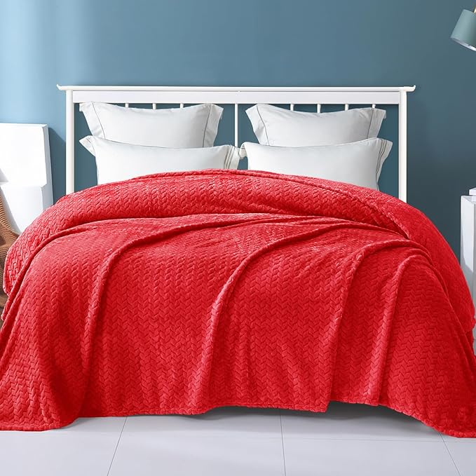 Exclusivo Mezcla Fleece Twin Size Blanket for Bed, 90x66 Inches Soft Cozy Jacquard Flannel Blankets, Lightweight Fuzzy Plush Warm for Winter, Red