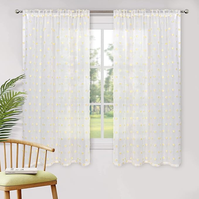 MYSKY HOME Kitchen Curtains 54 Inch Long Small Window Curtains for Bathroom Cafe Bedroom Yellow Pom Pom Curtains for Nursery Boys Room Rod Pocket 2 Pieces Drapes 52 x 54 inch Length