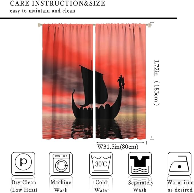 Viking Ship Curtains, Fantasy Ocean Vintage Sailboat at Sundown Nautical Themed Print Blackout Window Treatments for Boys Bedroom Living Room 63x72in