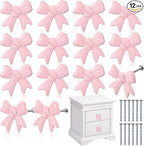 12 Pcs Bow Knobs for Dresser Matel Bow Drawer Knobs Vintage Dresser Handles Cabinet Drawer Pulls for Home Bedroom Kitchen Cabinets Hardware Cupboard (Pink,Fashion Style)