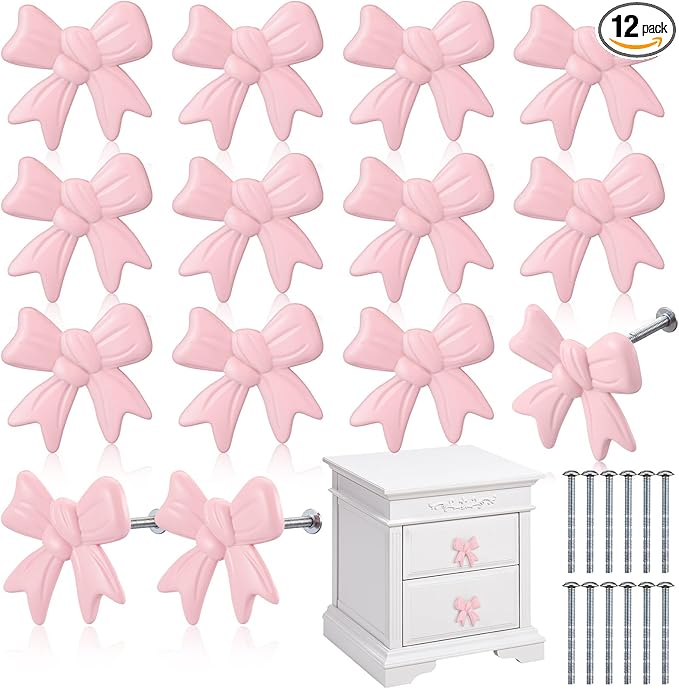 12 Pcs Bow Knobs for Dresser Matel Bow Drawer Knobs Vintage Dresser Handles Cabinet Drawer Pulls for Home Bedroom Kitchen Cabinets Hardware Cupboard (Pink,Fashion Style)