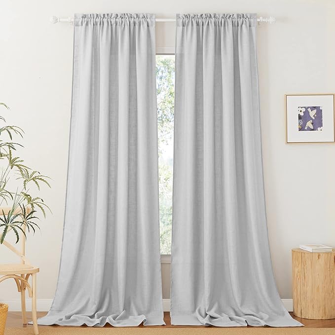 RYB HOME Semi Sheer Curtains - Linen Curtains Privacy Light Airy Sheer Window Treatment Drapes for Large Windows Bedroom Living Room Sunroom, Dove Grey, 52 x 108 inch Long, 2 Panels