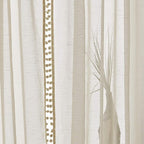 Treatmentex Sheer Linen-Look Curtains 95in Bedroom Decorative Pompom Trimmed Voile for Living Room Slub Textured Natural Window Curtain Panels 2pcs