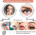 Rocollos Rechargeable Wall Mounted Lighted Makeup Mirror Chrome, 8 Inch Double-Sided LED Vanity Mirror 1X/10X Magnification,3 Color Lights Touch Screen Dimmable 360°Swivel 13 Inch Extendable