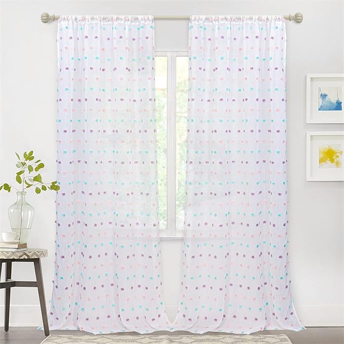 MYSKY HOME Extra Long Rainbow Pom Pom Curtains - 120 Inch, Multi-Color Sheer Curtains for Living Room, Sliding Door, Light Filtering, Semi-Rod Pocket, Large Window Panels, 52 x 120 inch, 2 Panels