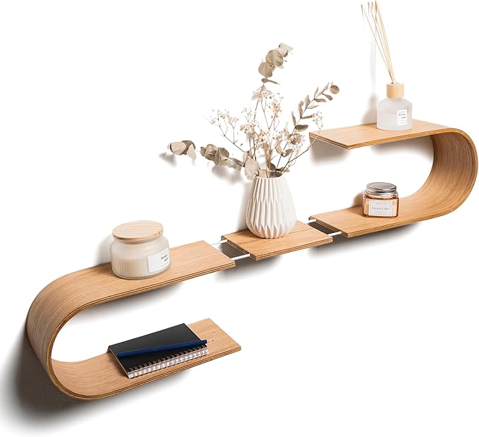 EWART WOODS Floating Wall Mounted Oval Shelf from Wood, Decorative Geometric Wooden Shelves for Candles, Unique Oak Hanging Display Decor (Cherry)