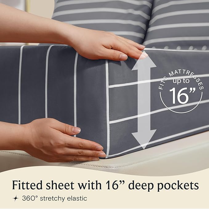 LuxClub 4 PC King Size Sheet Set Bed Sheets, Breathable Luxury Deep Pockets Wrinkle Free Cooling Sheets Machine Washable Hotel Bedding (King, Striped Light Grey)