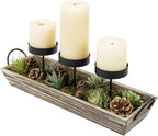 MyGift Solid Torched Wood Candlescape Display Tray Set with Metal Pillar Candle Holder and Decorative Fake Succulent Plants and Pine Cones - Holds 3 Candles