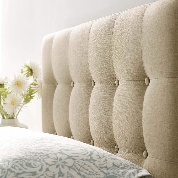 Modway Emily Tufted Button Linen Fabric Upholstered Twin Headboard in Beige
