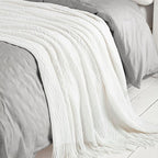 BOURINA Off White Throw Blanket 50 x90 Inches Throw Textured Solid Soft Sofa Throw Bed Runner Couch Cover Knitted Decorative Blanket Bed Runner