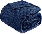 Exclusivo Mezcla Fleece Twin Size Blanket for Bed, 90x66 Inches Soft Cozy Jacquard Flannel Blankets, Lightweight Fuzzy Plush Warm for Winter, Navy Blue