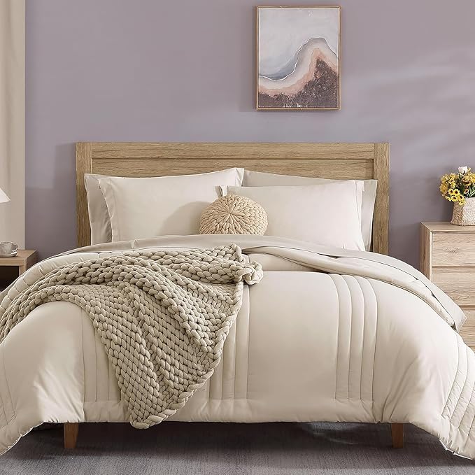 Monbix King Size Comforter Set - 7 Pieces Bed in a Bag King, Apricot Beige Bedding Sets with Comforter, All Seasons Comforter Bed Set with Sheets, Pillowcases & Shams