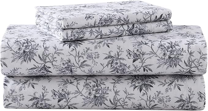 Laura Ashley - Flannel Sheets Full Size, Anti-Pilling & Wrinkle Resistant Cotton, Touchably Soft for All-Season Comfort - Bed Sheets with Matching Pillowcases & Fitted Sheet (Faye Toile Black)