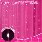 Pink Curtain Light with Untangled Wires for Bedroom, 300LED 9.8ft x 9.8ft Window Fairy Curtain String Light with 16 Hooks, 8 Models Remote Control for Wedding Party Home Garden Indoor Decor