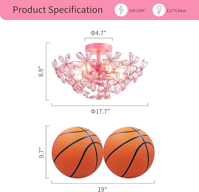 WUZUPS Crystal Chandelier Flushmount Ceiling Light Modern Lighting Fixture for Bedroom Hallway Bar Kitchen Bathroom, H 8.9" x W 17.7", Pink, E12 Base