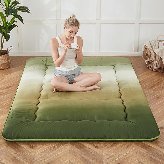 Japanese Floor Mattress, Futon Mattress with Portable Storage Bag and Washable Cover, Roll Up Thick Tatami Mat Suitable for Camping, Guest Room (Forest Gradient, Twin)