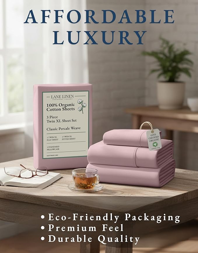 LANE LINEN 100% Organic Cotton Twin XL Bed Sheets Set, Machine Wash Fully Elasticized Twin XL Sheet Sets, Luxury Hotel Percale Bedding Sheet & Pillowcases, Soft & Comfy -Sepia Rose