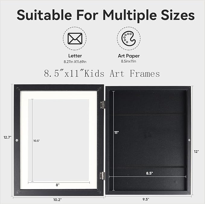 Kids Artwork Frames Changeable - Kids Art Frame,Kids Art Frames Front Opening Holds 150,Children Art Projects Kids Art Frames,8.5x11 Black Picture Frame for Display Kid Art work,With Storage