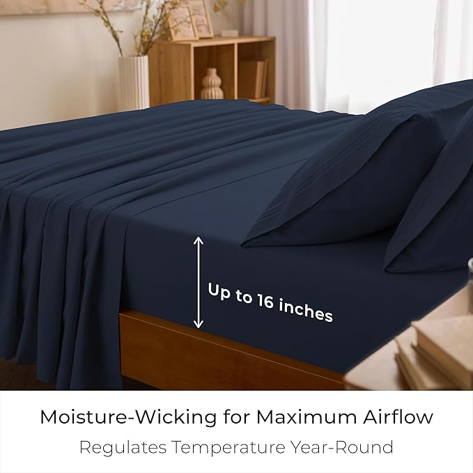 Mellanni California King Sheets Set - 4 PC Iconic Collection Bedding - Hotel Luxury, Extra Soft, Cooling Bed Sheets - Wrinkle, Fade, Stain Resistant (Cal King, Navy Blue)