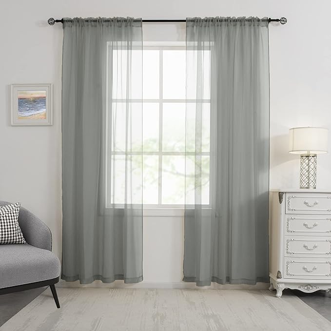 HUTO 2 Pieces Sage Grey Sheer Window Curtains Panels for Bedroom Rod Pocket Window Sheer Curtains Drapes 52 by 72 Inches Long for Living Room
