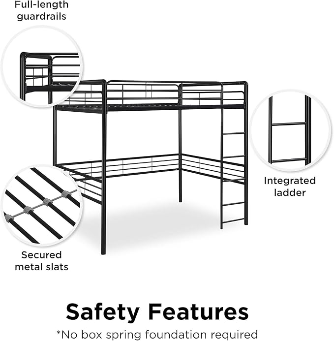 DHP Full Metal Loft Bed with Ladder, Space-Saving Design, Black, Full