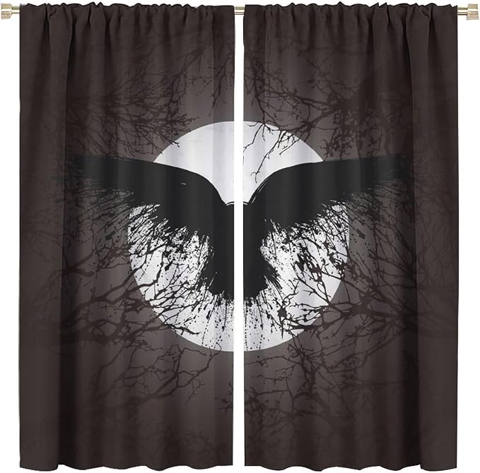 Cool Raven Print Blackout Curtains for Bedroom,Vintage Nordic Viking Theme Dead Tree Crow Full Moon Rod Pocket Thermal Insulated Room Darkening Curtains 2 Panels 45L x 21W