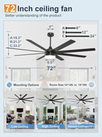 YUHAO 72 Inch Black Ceiling Fan with Light and Remote Control.Noiseless,Dimmable,3CCT,6 Speeds Reversible, DC Ceiling Fans for Indoor or Covered Outdoor