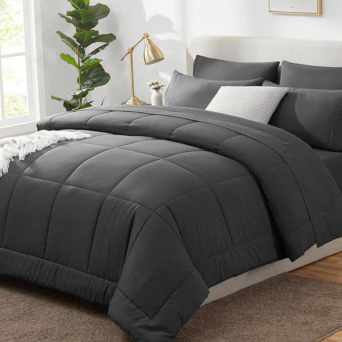 CozyLux Twin XL Comforter Set Dark Grey, 5 Pieces Twin Extra Long Bed in a Bag for College Dorm, All Season Bedding Set with Stitch Quilted Comforter, Flat Sheet, Fitted Sheet, Pillowcases