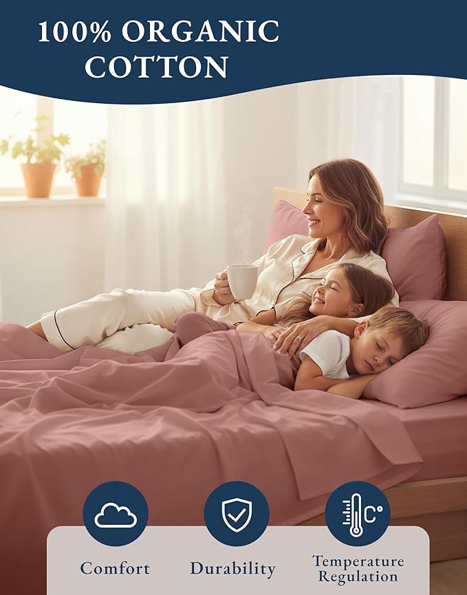 LANE LINEN 100% Organic Cotton Full Sheets Set, 4-Piece Pure Organic Cotton Percale Sheets, Long Staple Cotton Sheet, Ultra Soft Bedding Sheets, Breathable,Fits Mattress Upto 15" Deep - Rose Dawn