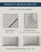 LANE LINEN 100% Organic Cotton Mercerized Queen Sheets, Soft & Comfy Naturally Cooling Cotton Sheets Queen Size Set, Classic Percale Weave Low Pill Fade Resistant Queen Bed Sheets- Silver