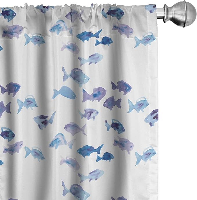 Ambesonne Animal Window Curtains, Little Fishes Watercolors Ocean Underwater Life Marine Theme Art, Lightweight Decor 2-Panel Set with Rod Pocket, Pair of - 28" x 63", Blue