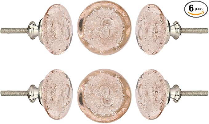 Perilla Home Set of 6 Knobs - Decorative Pink Crystal Knobs - Premium Glass Knobs for Cabinet, Drawers, Dresser, Home Decore Kitchen, Hardware Cupboard Glass Door Wardrobe and Drawer Pulls Handles