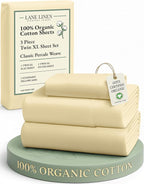 LANE LINEN 100% Organic Cotton Sustainably Produced Twin XL Bed Sheets, Mercerized Fully Elasticized Percale Perfect for Hospital Bed & Dorm Room, Reinforced Seams Twin XL Sheets-Vanilla