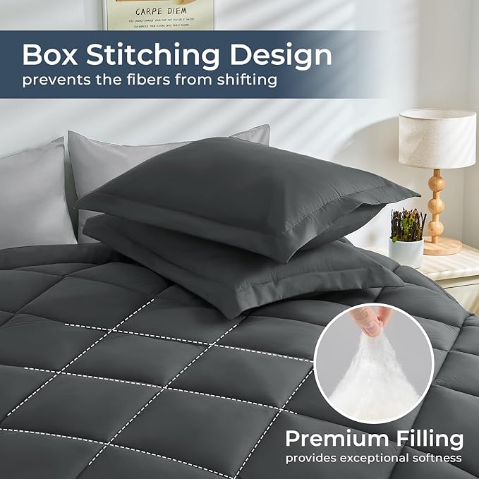 HEVUMYI 120x98 Oversized King Comforter Set - 7-Piece All Season Bed in a Bag Oversized King, Ultra Soft Bedding Set with 120 x 98 Comforter, Flat Sheet, Fitted Sheet, Pillowcases, Dark & Light Grey