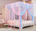 Mengersi Rainbow Canopy Bed Curtains with Lights -Bed Canopy for Girls - Bed Drapes Netting- Bedroom Decoration Accessories,California King