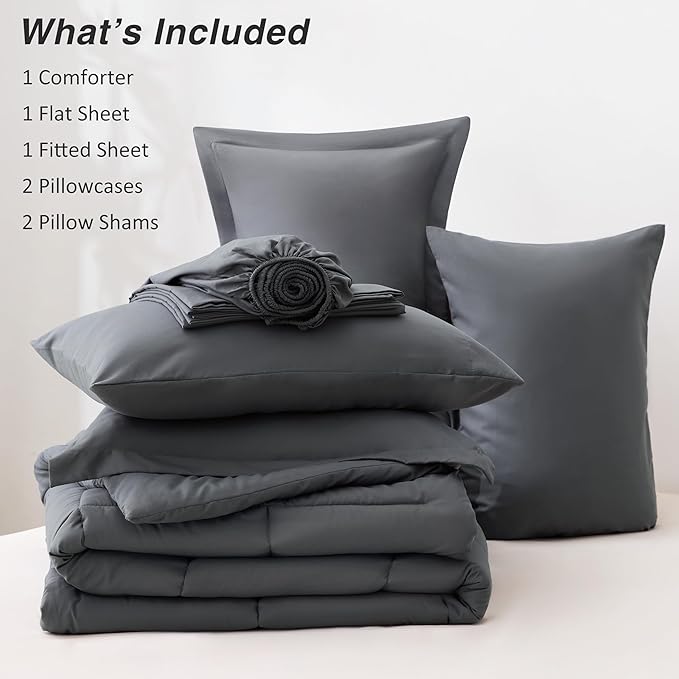 Love's cabin King Size Comforter Set Soot Grey, 7 Pieces King Bed in a Bag, All Season Bedding Sets with 1 Comforter, 1 Flat Sheet, 1 Fitted Sheet, 2 Pillowcase and 2 Pillow Sham
